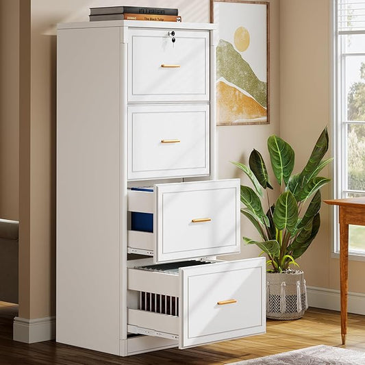 Tribesigns 4 Drawer File Cabinet with Lock, Locked File Cabinet with Key, Tall Wooden Filing Cabinets for Home Office, Vertical Office Storage for Legal Size/Letter/A4/Files, White