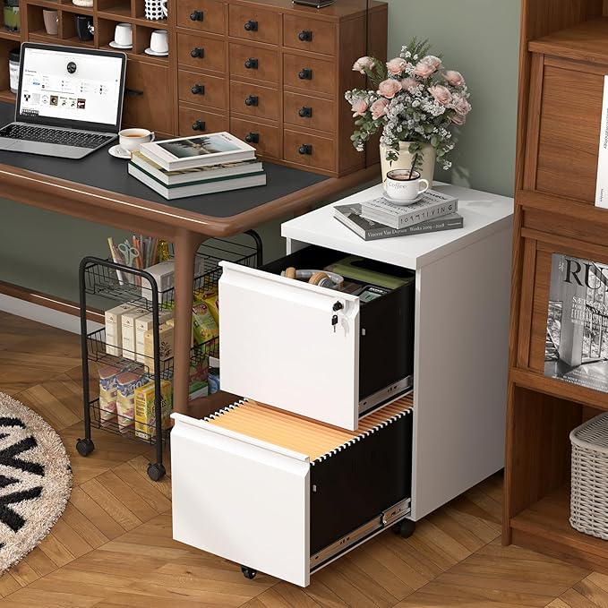 2 Drawer File Cabinet on Wheels,29" H White Filing Cabinet with Lock,Under Desk Metal File Cabinet for Home Office Organizer Letters/Legal/A4(Assembly Required)