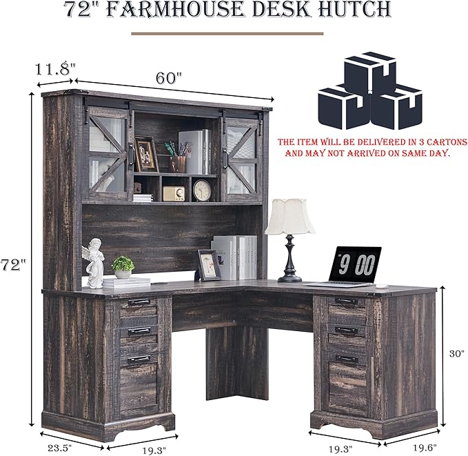 RedLemon 60" Farmhouse L Shaped Desk with Hutch, Wood Home Office Executive Desk with Drawer, Charging Station, File Drawer, Storage Cabinet, Rustic Writing Computer Desk (Dark Rustic Oak)