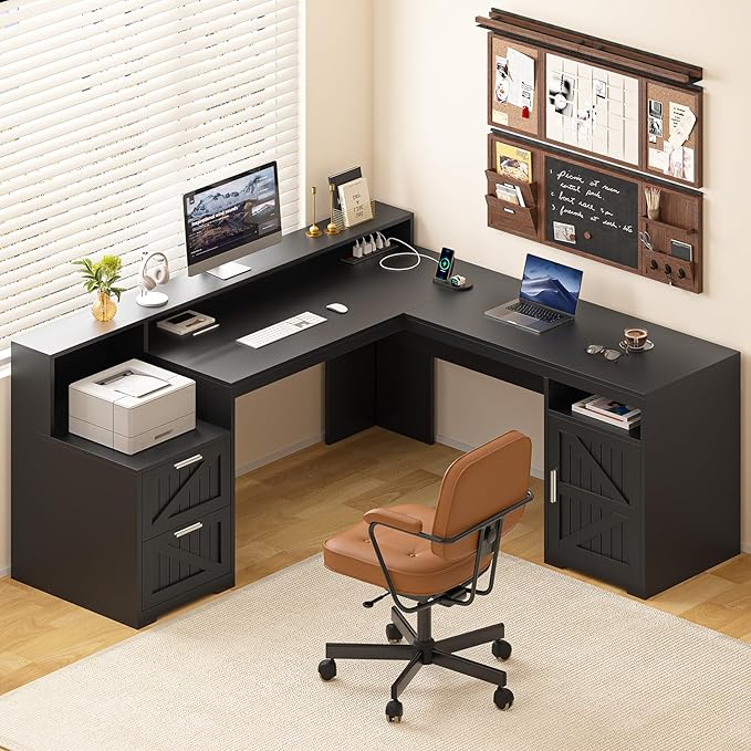 63" Farmhouse L Shaped Desk with Drawers & Storage Shelf, Corner Computer Desk with Power Outlets for Home Office, Executive Desk with Monitor Stand, Printer Shelf, Black