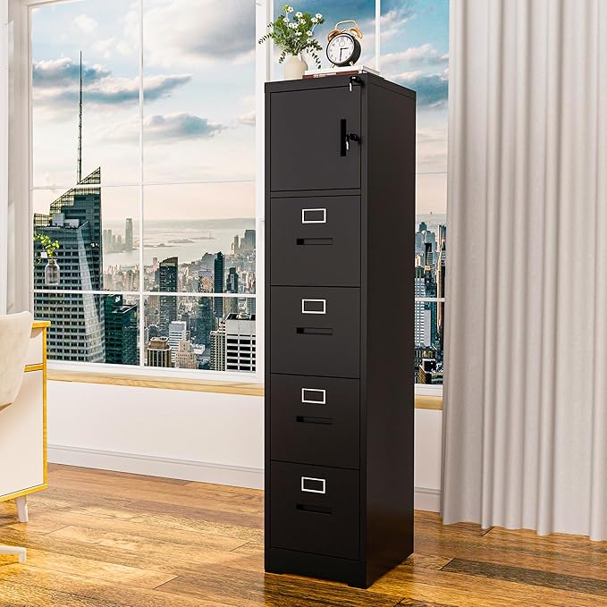 Vertical File Cabinet with 4 Drawers and 1 Door, Metal Filing Cabinet for Home Office, Lockable File Cabinets with Keys for Legal/Letter Size Hanging File Folders, Assembly Required, Black