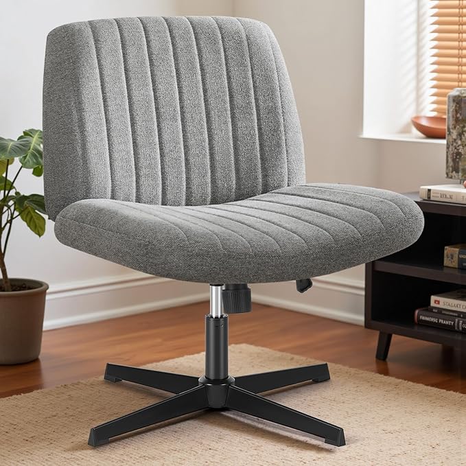 DUMOS Criss Cross Legged Chair Wide Comfy Home Office Desk Seat, No Wheels Armless Computer Task Seating, Swivel Vanity Chair Height Adjustable for Makeup Bedroom, Fabric Gay