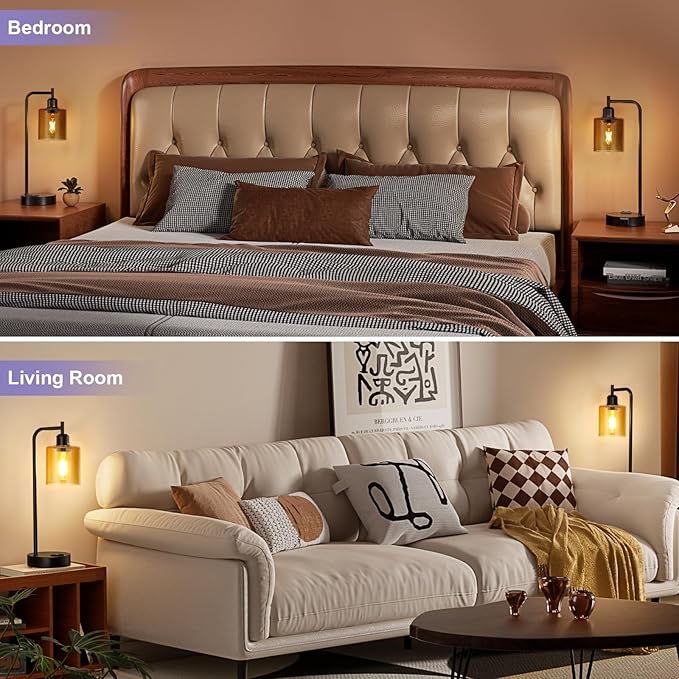 Industrial Touch Nightstand Lamps for Bedrooms Set of 2 - 3-Way Dimmable Table Lamps with USB C+A Ports and Outlet, Bedside Lamps with Amber Glass Shade for Living Room, Desk Lamps for Home Office