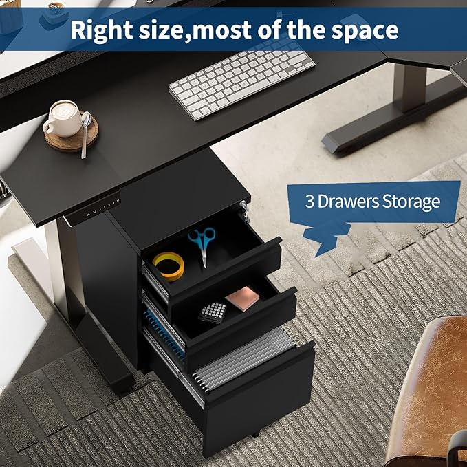 3-Drawer Mobile File Cabinet with Lock & Wheels, Under Desk Lateral Filing Cabinet for Legal/Letter/A4 Files, Adjustable Shelf, Easy Assembly, Office Home Storage, Dark Black