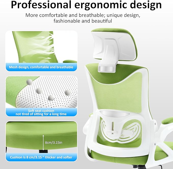 Fizzin Ergonomic Office Chair,Ergonomic Desk Chair with Headrest Mesh Computer Chair with High Back Adjustable Lumbar Support, Rolling Swivel Chairs with Wheel Armrests for Home Office (Green)