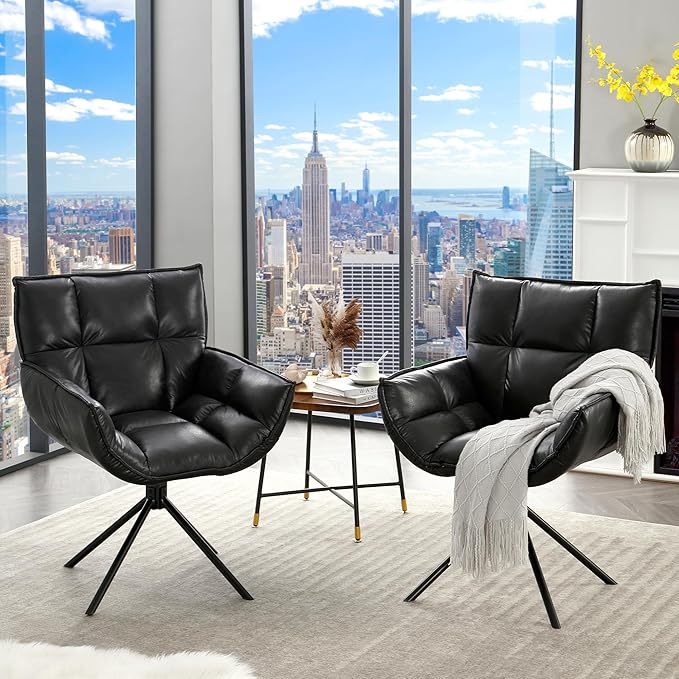 Desk Chair No Wheels, 360° Swivel Mid Century Modern Desk Chairs, Upholstered Faux Leather Swivel Accent Chair with Arms, Criss Cross Office Chair Without Wheels(Black, x1)