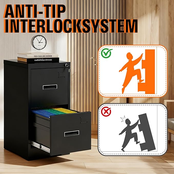 2-Drawer Locking Vertical File Cabinet, Metal Storage Cabinet for Office/Home – Secure Vertical Filing for Letter/Legal/A4/F4 Documents, Easy to Assemble Steel Cabinet