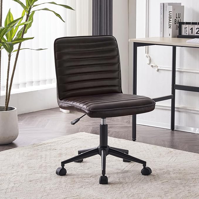 Furnimart Modern Armless Office Desk Task Chair - Upholstered Mid-Back Home Office Chair with 360 Degree Swivel and Adjustable Height - Leather (Black/Brown)