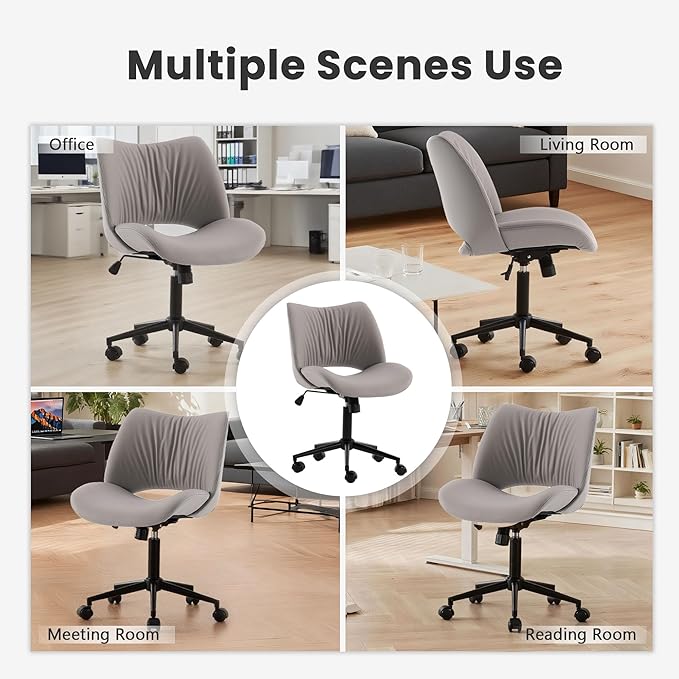 Rowill Armless Office Desk Chair, Ergonomic PU Leather Modern Task Chair with Back Adjustable Height, 360° Swivel Vanity Chairs with Wheels for Small Space, Home Office, Bedroom, Grey