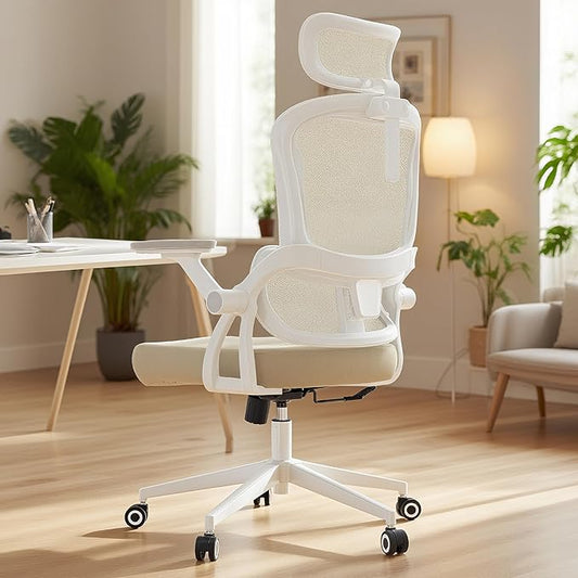 Ergonomic Office Chair - 400LB Comfy Desk Chairs with Headrest and Back Support, Heavy Duty Mesh Computer Chairs with Wheels and Arms for Home Office, Study, Bedroom and Dorm (04Khaki)