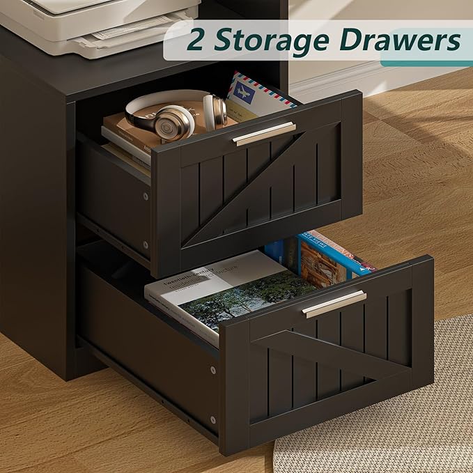 63" Farmhouse L Shaped Desk with Drawers & Storage Shelf, Corner Computer Desk with Power Outlets for Home Office, Executive Desk with Monitor Stand, Printer Shelf, Black