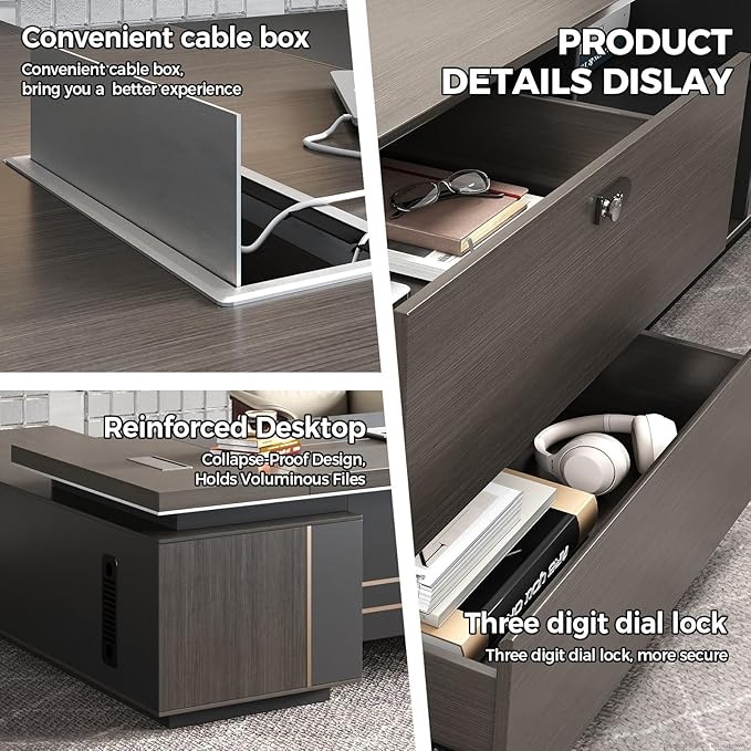 Reversible L Shaped Executive Desk with Drawers, Storage Cabinets, Power Box & Storage Shelves – Modern Office Desk with Privacy Panel (Obsidian Grey+Mocha Walnut, 79" L * 65" W * 30" H)