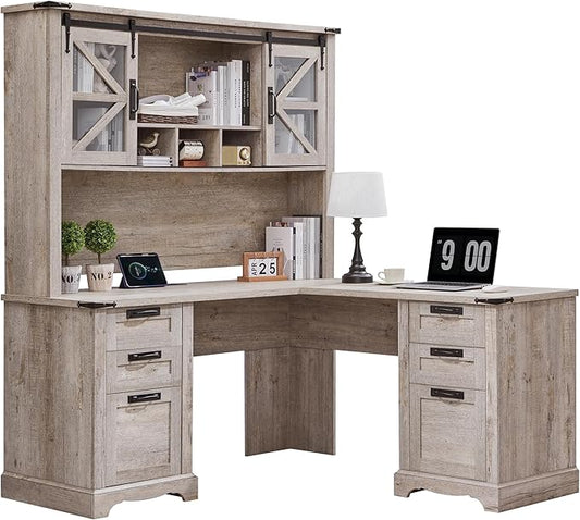 RedLemon 60" Farmhouse L Shaped Desk with Hutch, Wood Home Office Executive Desk with Drawer, Charging Station, File Drawer, Storage Cabinet, Rustic Writing Computer Desk (Light Rustic Oak)