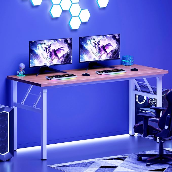 Need Office Computer Desk - 54.3L Sturdy and Heavy Duty Folding Laptop Table,Writing Table/Home Office Desk/Sewing Table,No Assembly Required (Teak & White Frame)