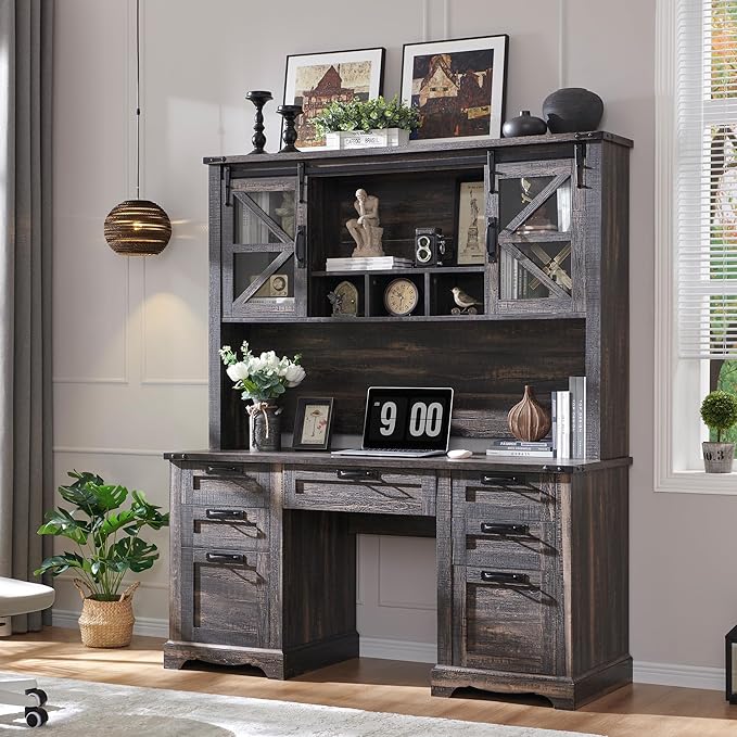 RedLemon 60" Farmhouse Desk with Hutch, Wood Home Office Executive Desk with Drawer, Charging Station, Keyboard Tray, File Drawer, Storage Cabinet, Rustic Writing Computer Desk (Dark Rustic Oak)