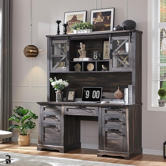 RedLemon 60" Farmhouse Desk with Hutch, Wood Home Office Executive Desk with Drawer, Charging Station, Keyboard Tray, File Drawer, Storage Cabinet, Rustic Writing Computer Desk (Dark Rustic Oak)