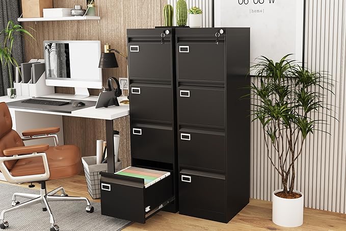 4 Drawer File Cabinet with Lock, Metal Vertical Filing Storage Cabinet, Black Filing Cabinets for Home Office, Narrow File Cabinet Locked for A4/F4/Letter/Legal, Easy Assemble