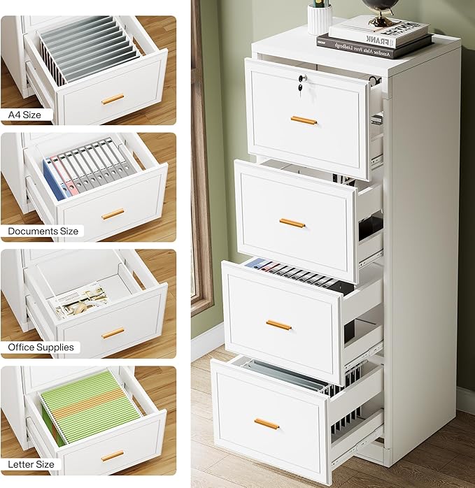 Tribesigns 4 Drawer File Cabinet with Lock, Locked File Cabinet with Key, Tall Wooden Filing Cabinets for Home Office, Vertical Office Storage for Legal Size/Letter/A4/Files, White