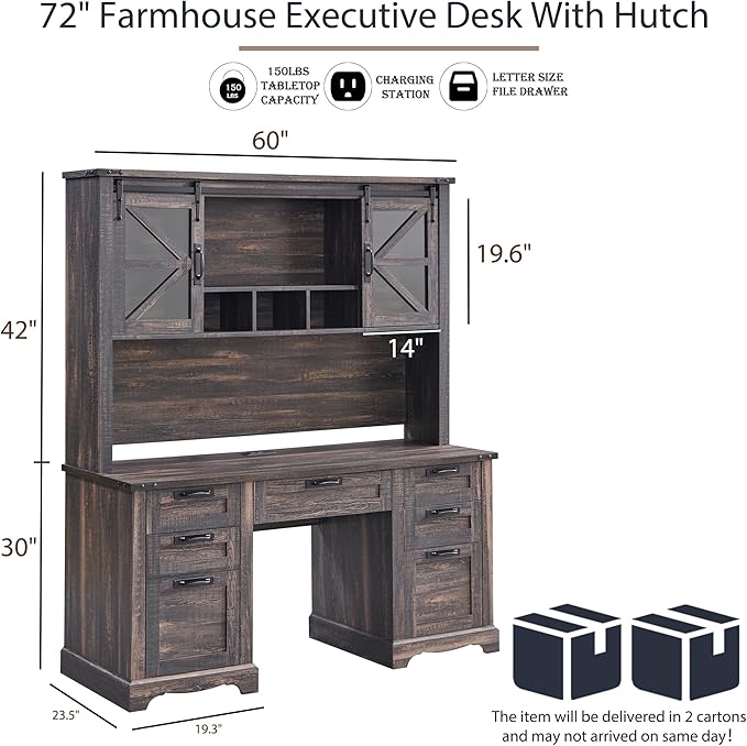 RedLemon 60" Farmhouse Desk with Hutch, Wood Home Office Executive Desk with Drawer, Charging Station, Keyboard Tray, File Drawer, Storage Cabinet, Rustic Writing Computer Desk (Dark Rustic Oak)