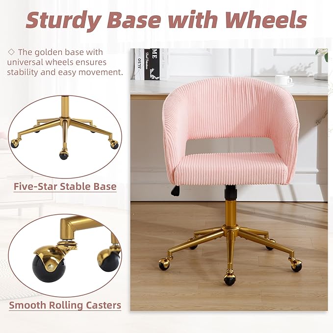 ABET Desk Chair with Wheels, Corduroy Home Office Chair, Swivel Armchair Gold Base, Upholstered Modern Accent Chairs, Back Incline Adjustable for Living Room Bedroom Vanity, Pink