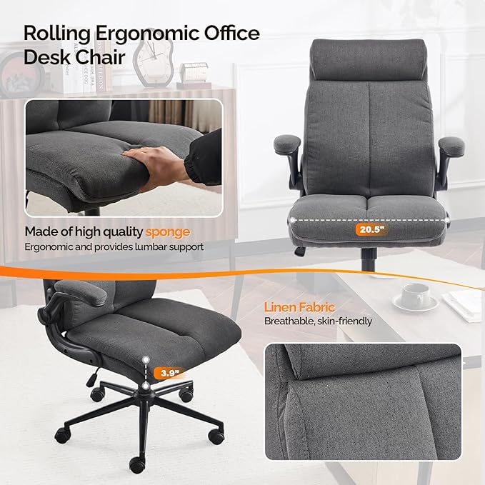 VINGLI Rolling Ergonomic Office Desk Chair with Padded Flip-up Arms, 360° Swivel High Back Executive Computer Task Chair with Wheels for Game，Home Small Space, Study Room, Reading Room, Linen Black