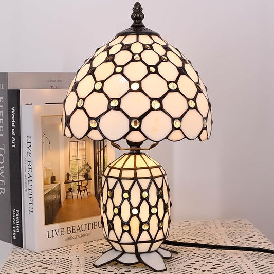 Small Tiffany Lamp Stained Glass Table Lamp Mini Mother Daughter Vase Desk Accent Night Light for Bedroom Bedside Reading Home Antique Style 8X14 Inches (White Yellow)