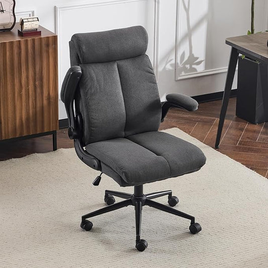 VINGLI Rolling Ergonomic Office Desk Chair with Padded Flip-up Arms, 360° Swivel High Back Executive Computer Task Chair with Wheels for Game，Home Small Space, Study Room, Reading Room, Linen Black