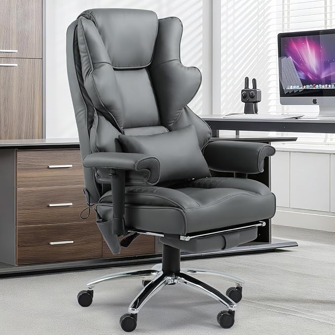 Massage Office Chair with Foot Rest, Ergonomic Executive Heated Office Chair with Reclining Backrest, Adjustable Arms and Lumbar Support, High Back Leather Desk Chairs for Home Office, Grey
