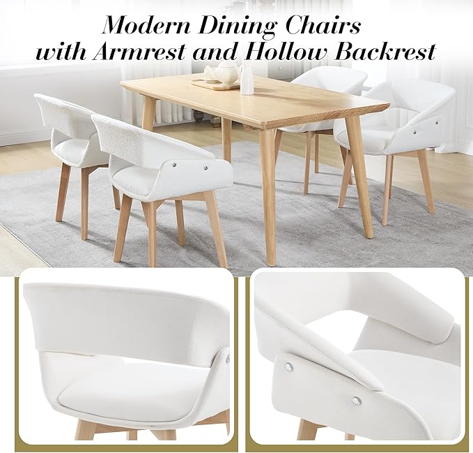 Home Office Desk Chair No Wheels Set of 6, Upholstered Linen Fabric Modern Accent Side Armchair with Wood Legs Hollow-Out Back, for Vanity Living Dining Room Bedroom, Beige