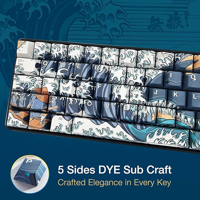 GUNMJO Ocean Wave PBT Dye-Sublimation Keycaps+Acrylic Wrist Rest+Gaming Mousepad Bundle