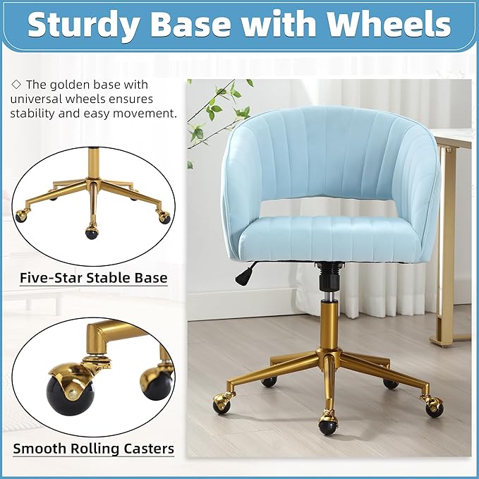 ABET Desk Chair with Wheels, Velvet Home Office Chair, Swivel Armchair Gold Base, Upholstered Modern Accent Chairs, Back Incline Adjustable for Living Room Bedroom Vanity, Light Blue
