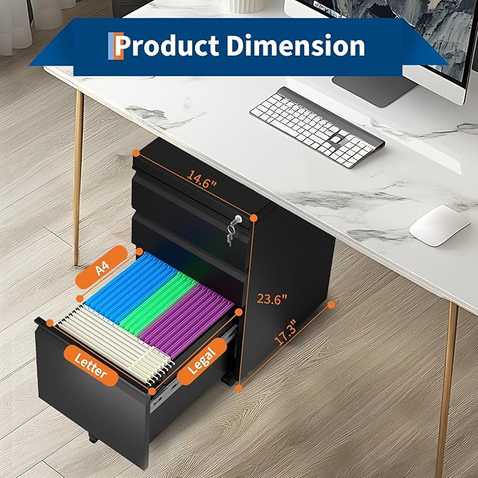 3-Drawer Mobile File Cabinet with Lock & Wheels, Under Desk Lateral Filing Cabinet for Legal/Letter/A4 Files, Adjustable Shelf, Easy Assembly, Office Home Storage, Dark Black