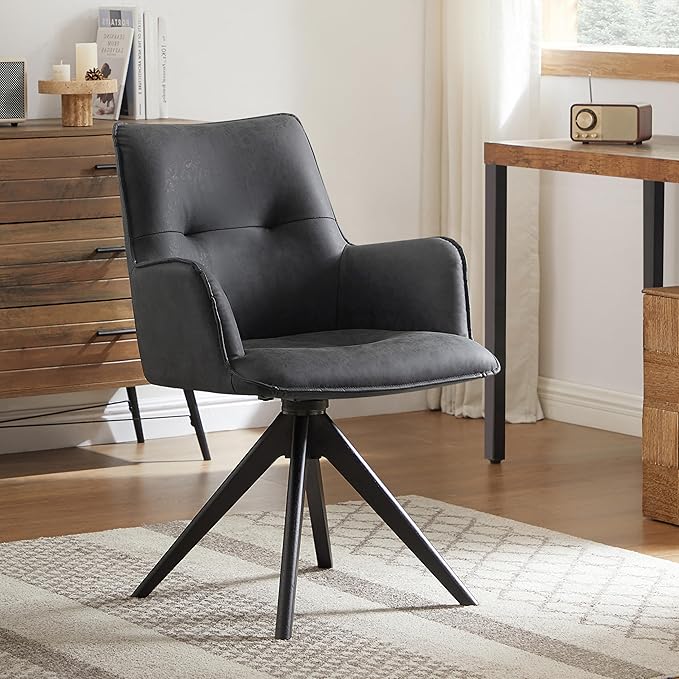 Art Leon Swivel Desk Chair - Faux Leather Upholstered Office Chair No Wheels, Mid Century Modern Armchair with Black Oak Wood Legs for Small Space Living Room Bedroom, Black