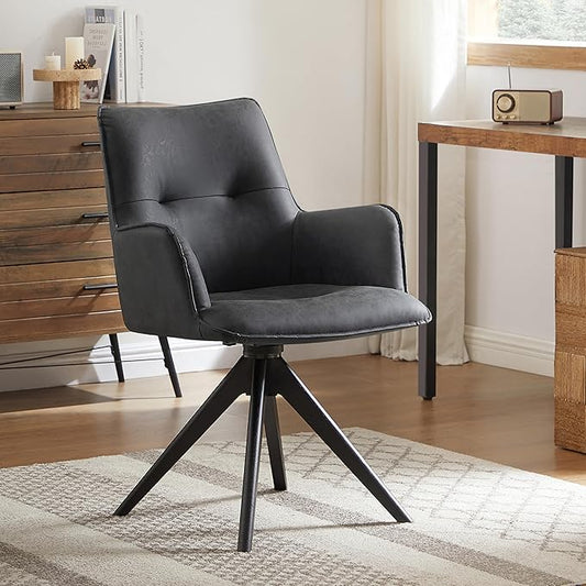 Art Leon Swivel Desk Chair - Faux Leather Upholstered Office Chair No Wheels, Mid Century Modern Armchair with Black Oak Wood Legs for Small Space Living Room Bedroom, Black