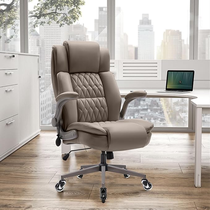 Large High Back Office Chair - Adjustable Lumbar Support Flip Up Arms Heavy Duty Quiet Wheels Metal Base Breathable Bonded Leather Ergonomic Executive Computer Desk Chair with Storage Bags, Khaki