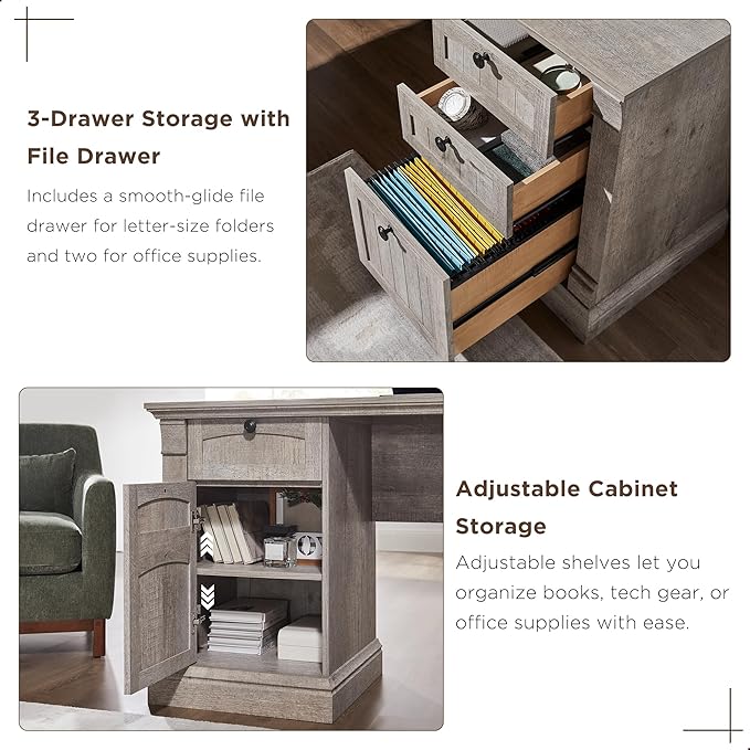 OKD 60" L Shaped Executive Desk with Hutch and Drawers, Farmhouse Home Office Desk with Charging Station, File Cabinet Storage, Wood Corner Computer Desk for Work and Study, Light Rustic Oak