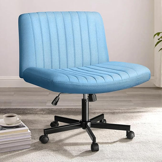 PUKAMI Criss Cross Chair with Wheels,Fabric Padded Armless Cross Legged Office Desk Chair for Home Office,Modern Swivel Height Adjustable Wide Seat(Blue)