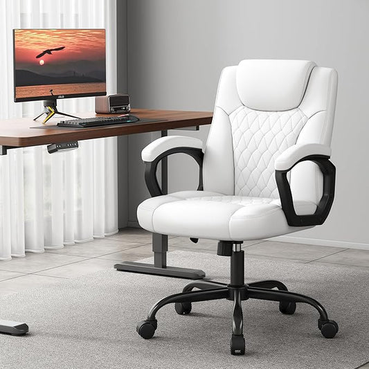Misolant Office Chair, Executive Desk Chair, PU Leather Comfortable Ergonomic Chairs with Fixed Armrest, Adjustable Height, Rocking Function, 360° Swivel Wheels, White