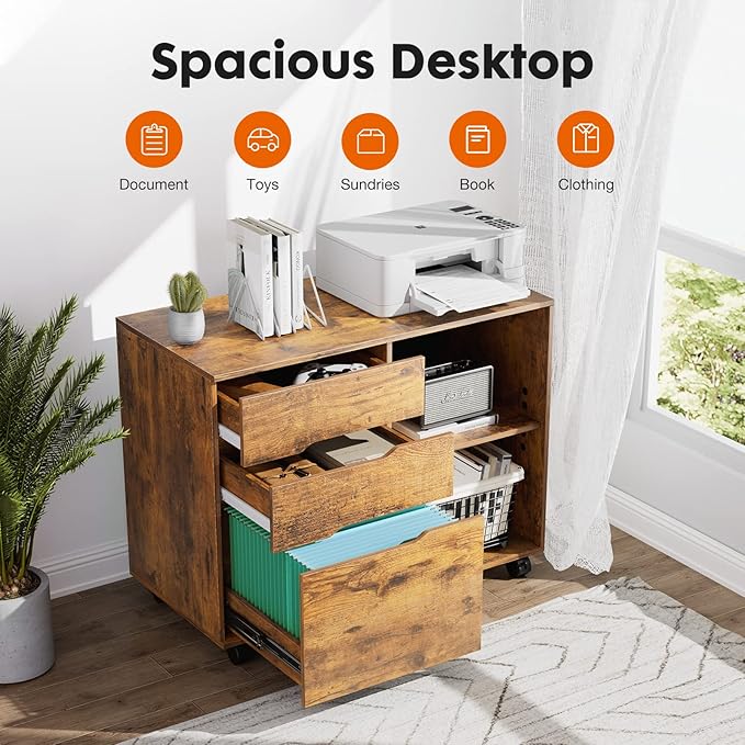 File Cabinet with 3 Drawers, Mobile Lateral Filing Cabinet with Open Storage Shelves for Home Office Under Desk Storage, Brown