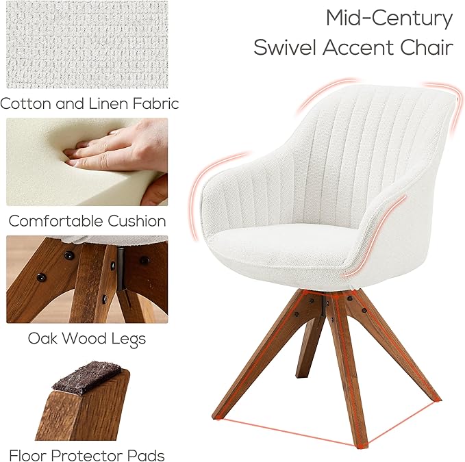 Art Leon Desk Chair No Wheels, Mid Century Modern Office Chair, Swivel Accent Chair with Oak Wood Legs, Fabric Upholstered Arm Chair, Ivory
