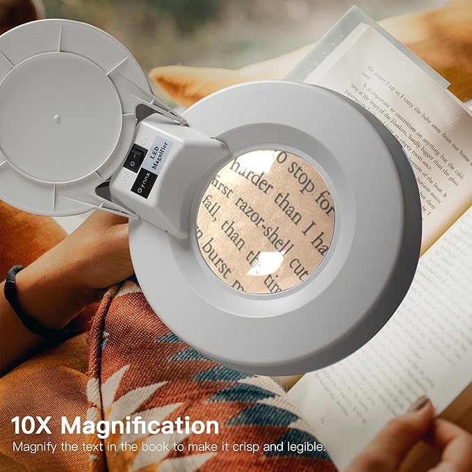 10X Magnifying Glass with Light and Stand, Lighted Magnifying Glasses for Close Work, Reading, Crafts, Jewelry, Sewing, Soldering, Desk Lamp with Adjustable Stainless Steel and Real Glass Magnifier