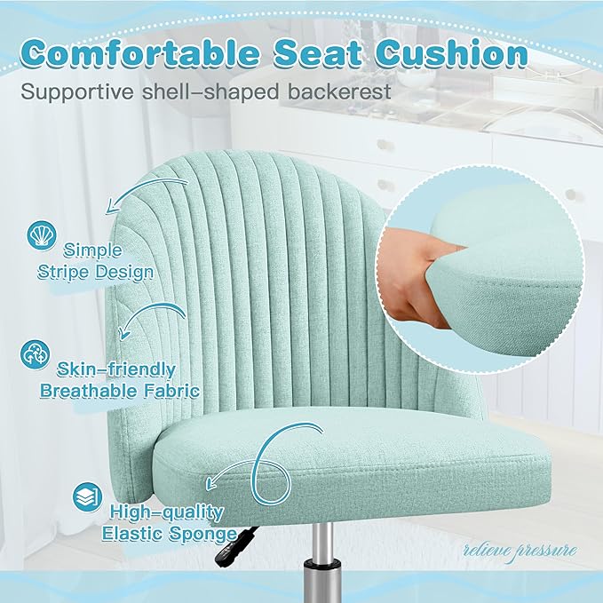 Furniwell Office Chair Armless Cute Desk Chair Modern Adjustable Swivel Padded Fabric Vanity Task Computer Chair Home Office Desk Chairs with Wheels (Bright Green)