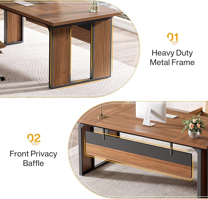 Tribesigns 63‘’ L-Shaped Executive Desk, Office Table with 39.37-Inch Drawers Cabinet, Large Computer Desk with Storage Shelves, Business Furniture Set for Home Office, Brown & Black