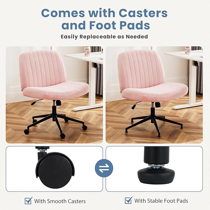 DUMOS Criss Cross Chair with Wheels, Legged Office Armless Wide Desk Seat with Dual-Purpose Base, Adjustable Swivel Teddy Fabric Task Vanity Home Bedroom, Pink