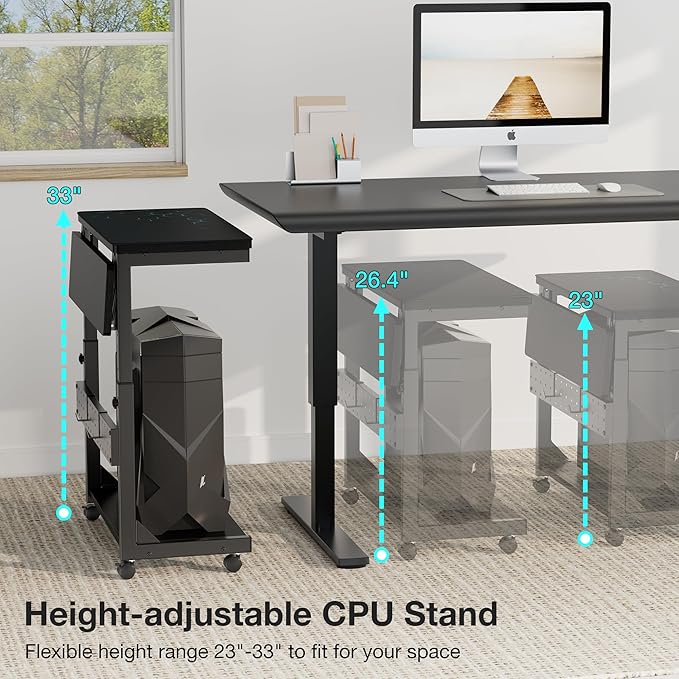 Height Adjustable Computer Tower Stand, 2-Tier PC Stand CPU Holder Under Desk Gaming Case Cart w/Rolling Wheels & Mouse Pad, Folding End Table Mobile Laptop Desk