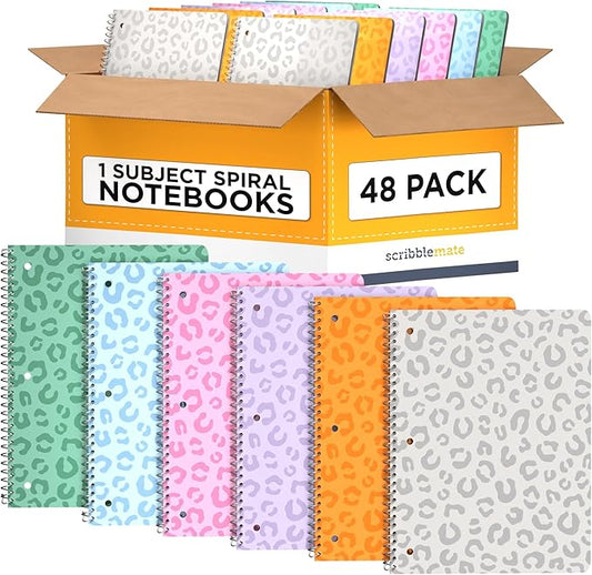 Spiral Notebooks College Ruled 1 Subject Spiral Notebook Bulk Pack of 48 Assorted Soft Colors, 8 x 10 1/2 Inch, 70 Sheets, Leopard Pattern Bulk Notebooks for Work & School