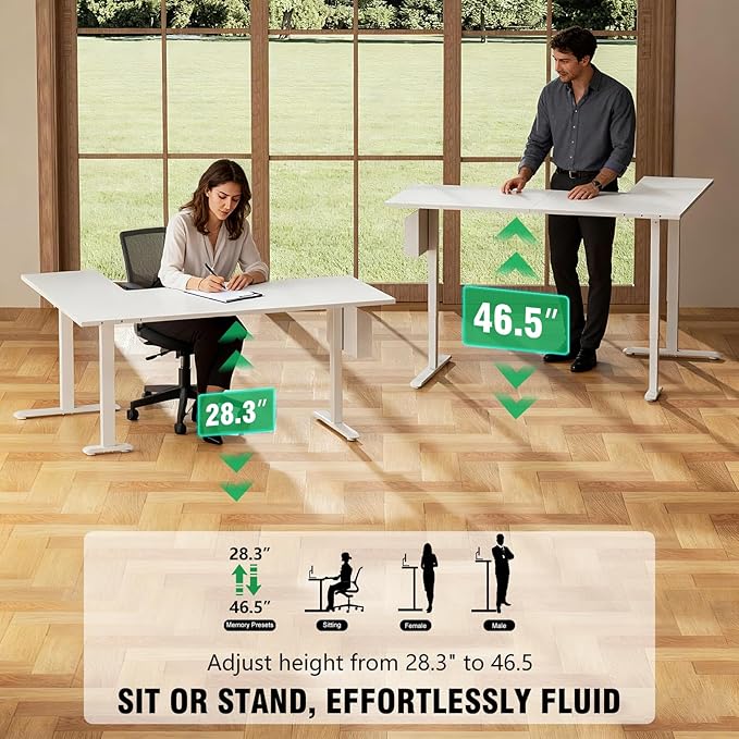 L Shaped Electric Standing Desk,63 Inch Adjustable Height Sit to Stand Corner Desk with Memory Presets,Reversible Computer Table for Home Office,Work and Study,White
