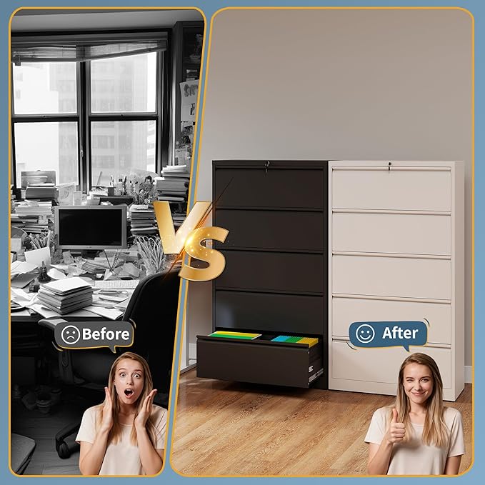 5 Drawer File Cabinet with Lock, Lateral Filing Cabinets,Metal Storage Filing Cabinets for Home Office, Heavy Duty File Cabinet for Letter/Legal/A4/F4 Size Amssebly Required, White