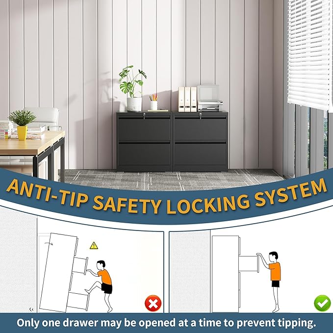 2 Drawer File Cabinet with Lock, Lateral Filing Cabinets,Metal Storage Filing Cabinets for Home Office, Heavy Duty File Cabinet for Letter/Legal/A4/F4 Size, Amssebly Required, Black