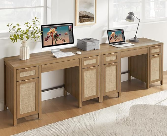 SICOTAS Home Office Desk with Storage - Rattan Executive Desk with Drawers and Cabinets, Farmhouse Boho Larger Computer Writing Table for Study, Office, Living Room, Oak (2 Pieces)